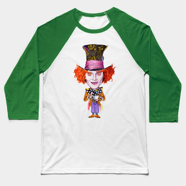 Mad Hatter Caricature Baseball T-Shirt by tabslabred